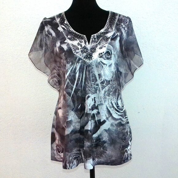 One world, white/black butterfly sleeve floral top, with embroidery, shiny studs - Picture 1 of 10